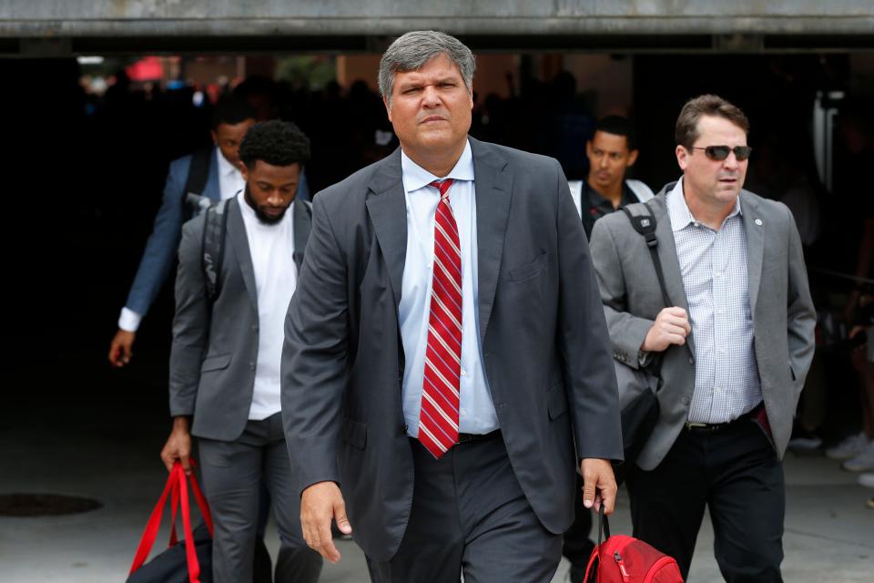 Georgia offensive line coach Matt Luke at the Dawg Walk before a game last season.