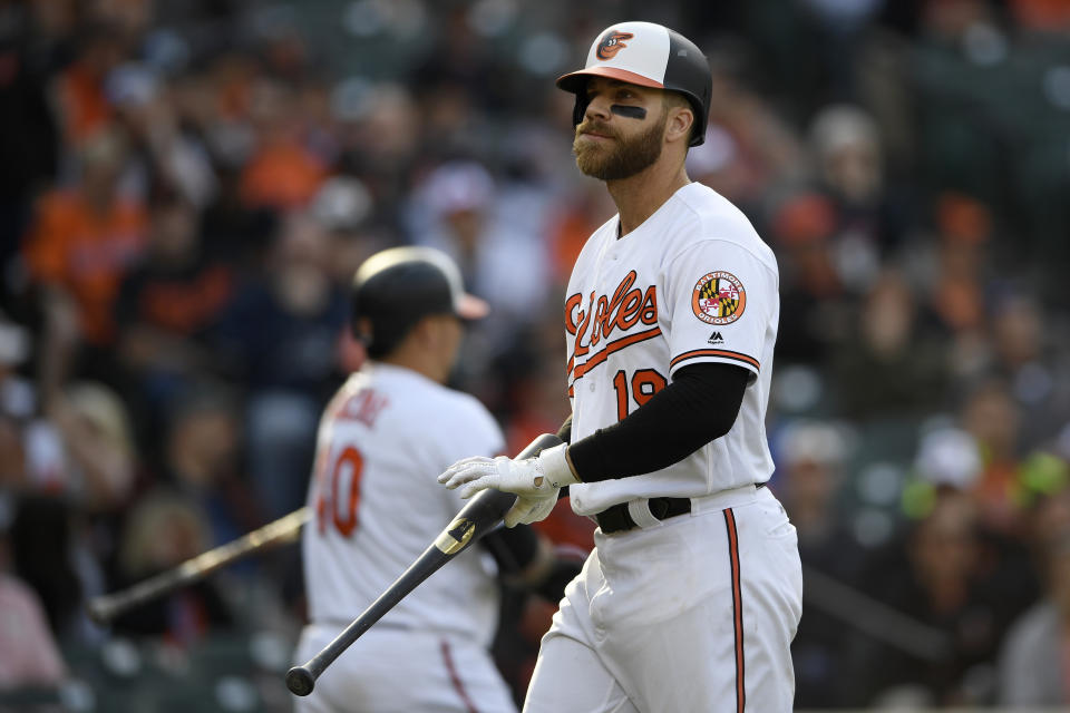 Baltimore Orioles' Chris Davis walks toward the dugout after he struck out during the sixth inning of the team's baseball game against the New York Yankees, Thursday, April 4, 2019, in Baltimore. The Yankees won 8-4.(AP Photo/Nick Wass)