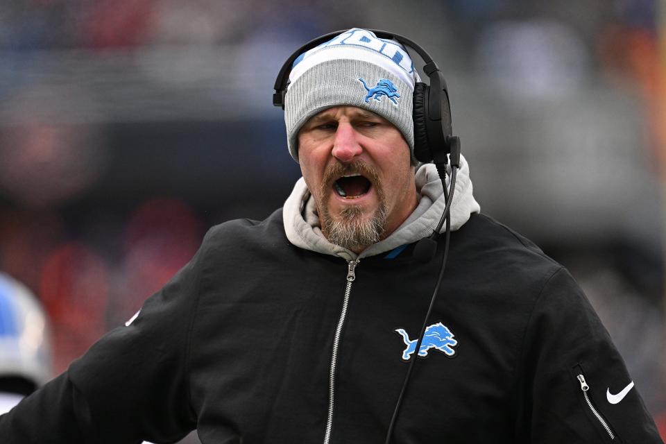 Lions coach Dan Campbell reacts during the first quarter on Sunday, Dec. 10, 2023, in Chicago.
