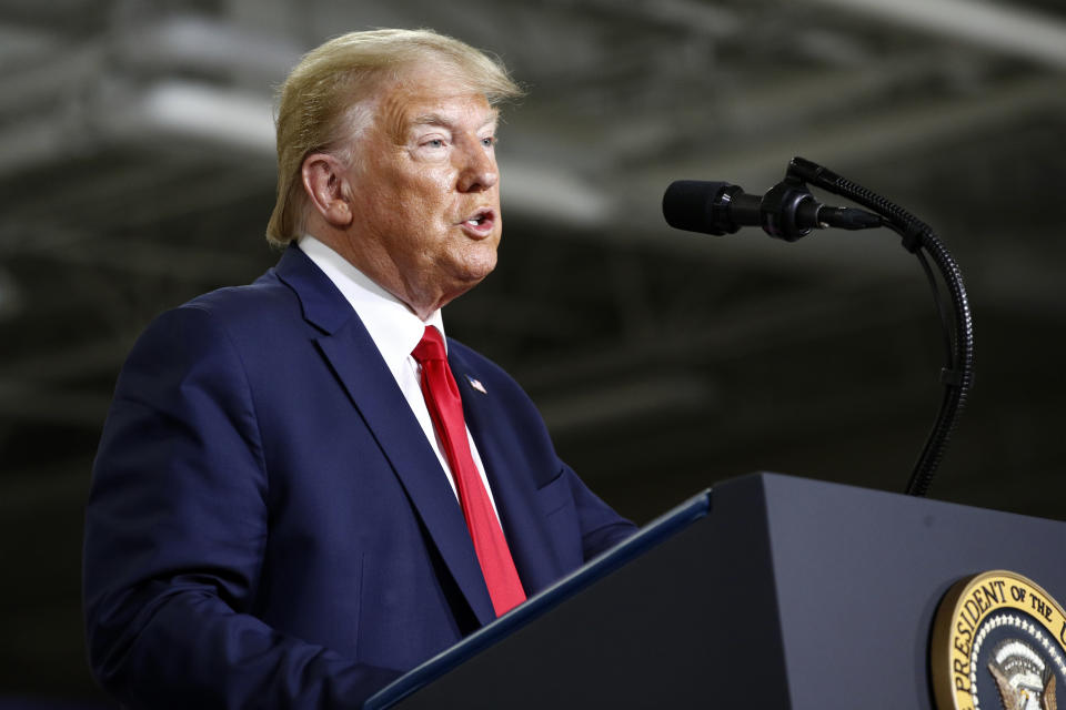 President Donald Trump speaks after touring Puritan Medical Products, a medical swab manufacturer, Friday, June 5, 2020, in Guilford, Maine. (AP Photo/Patrick Semansky)