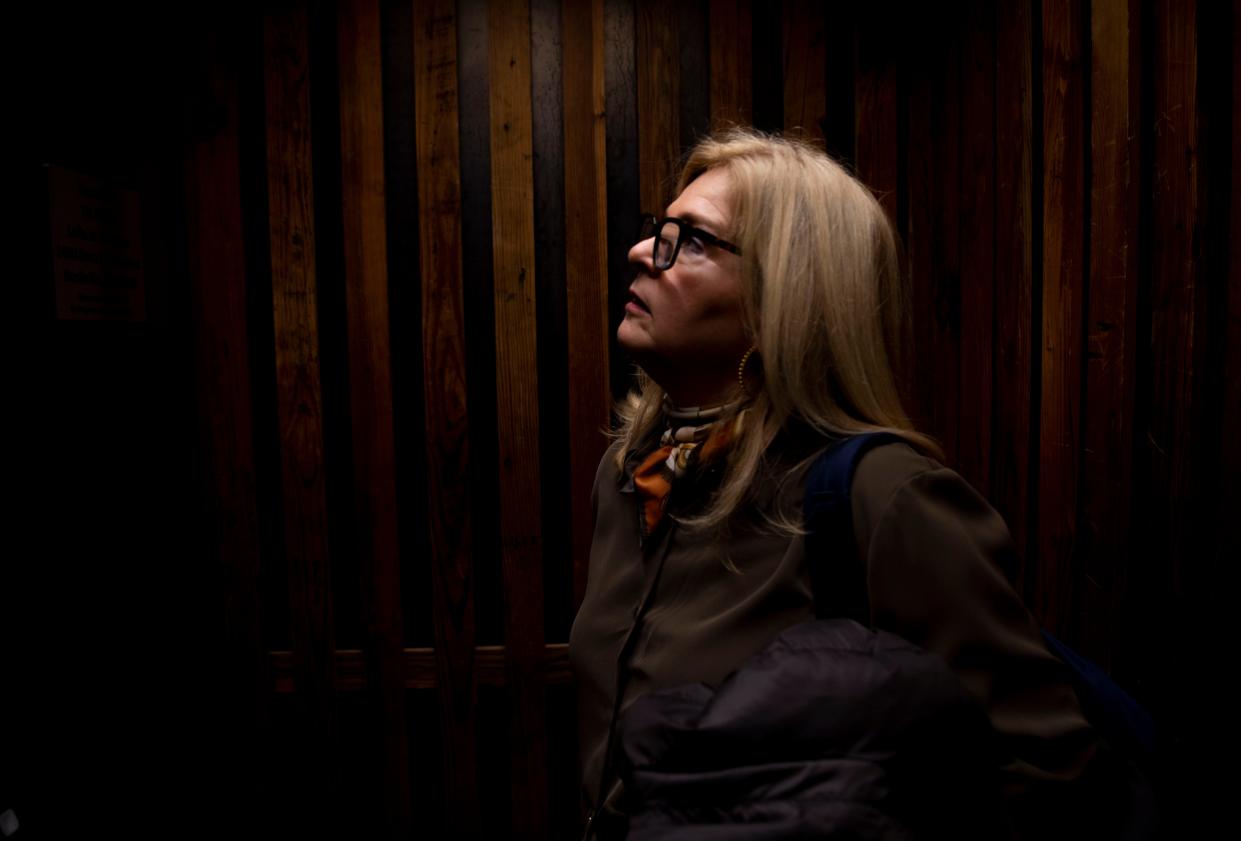 Kellie Reifenberger, teacher at Covenant School, takes the elevator at her apartment in Nashville, Tenn., on her way to work at Brentwood Hills Church of Christ on March 6, 2024. Reifenberger described the church as being a light in their lives during their darkest hour.