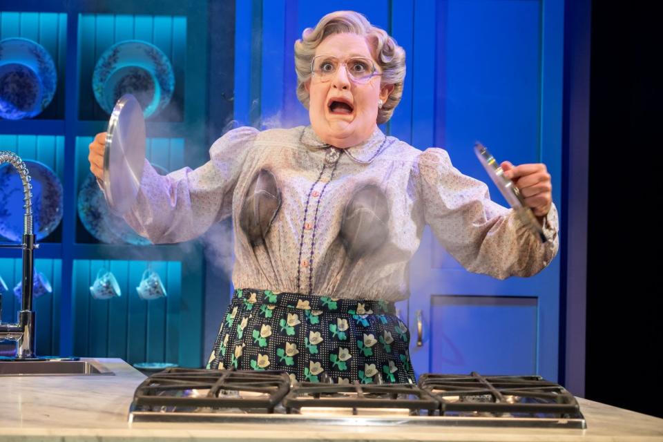 Rob McClure feels the heat in the title role of "Mrs. Doubtfire," on stage at the Providence Performing Arts Center from Oct. 17-22.