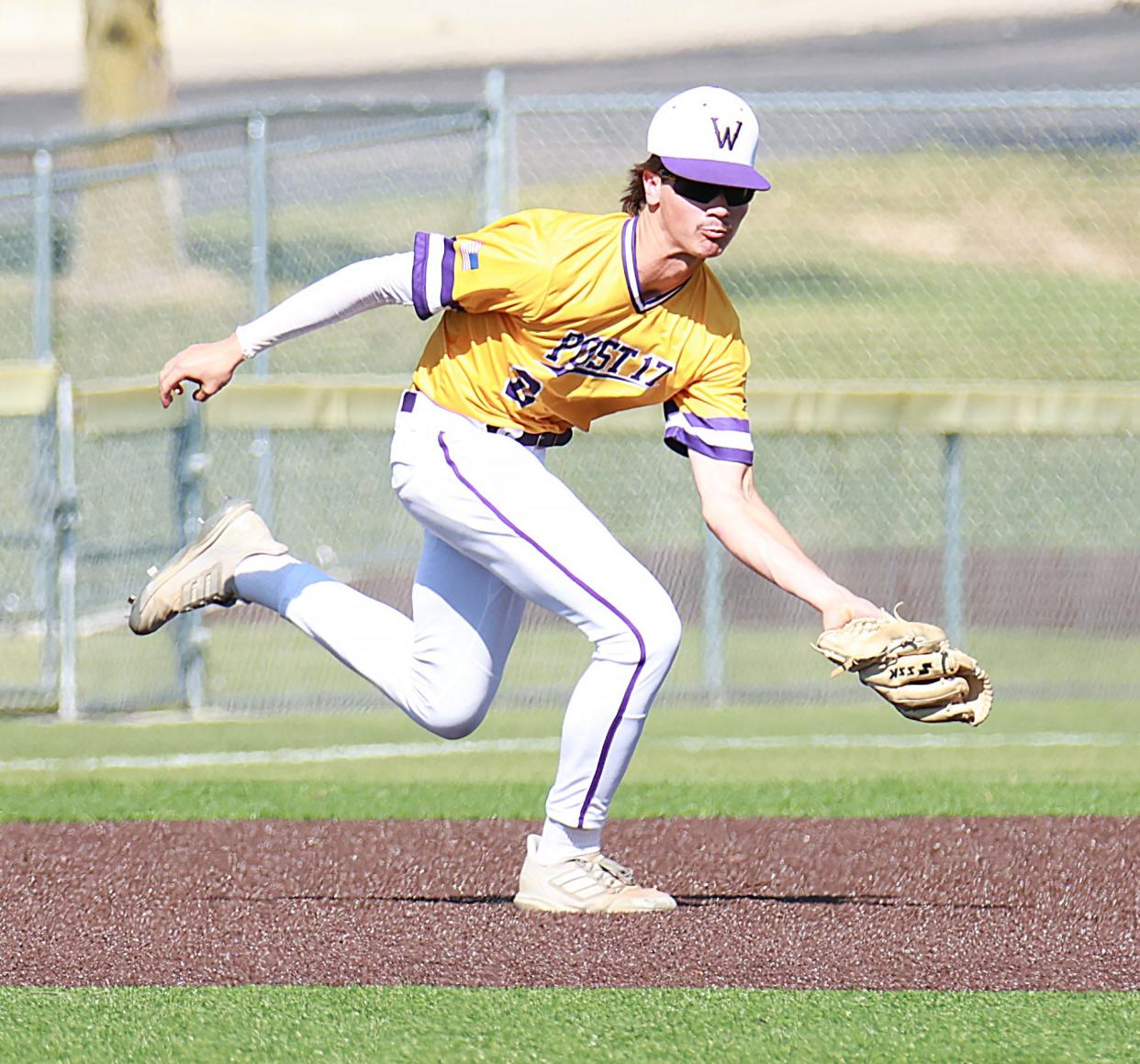 Watertown Post 17 third baseman Hayden Ries reaches to his left to field a grounder during a game against Brookings in the state Class A American Legion Baseball Tournament on Friday, Aug. 2, 2024 at Bob Sheldon Field in Brookings. Brookings won 13-1 in five innings.