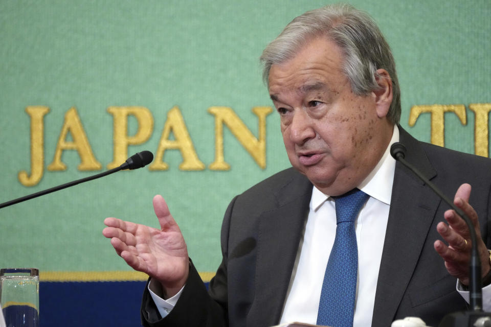 Secretary-General of the United Nations Antonio Guterres delivers a speech at the Japan National Press Club in Tokyo, Monday, Aug. 8, 2022. Guterres urged countries with nuclear weapons to stick to their no-first-use commitment of their atomic arsenals, warning that the nuclear arms race has returned amid growing international tension. (AP Photo/Eugene Hoshiko)