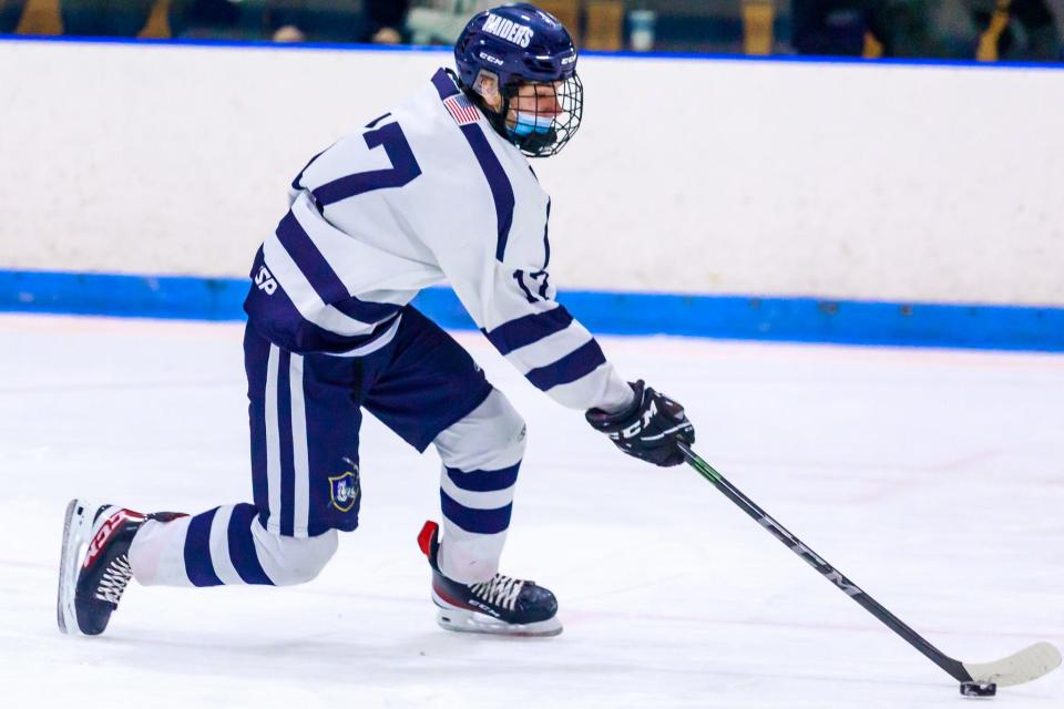 Somerset Berkley’s Liam Derocher handles the puck on a breakaway chance during a game last season against Bourne.