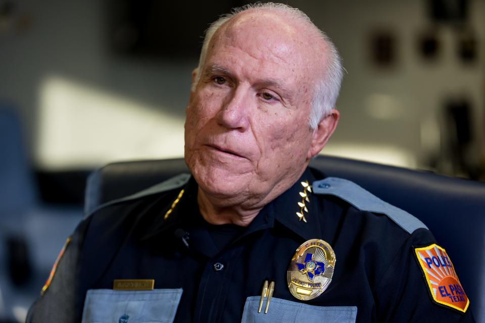 El Paso Police Chief Peter Pacillas sits at his office at El Paso Police HQ in Five Points on Wednesday, Oct. 25, 2023. Pacillas, who served as assistant chief, was named interim in February. He was named the permanent chief of the El Paso Police Department on Oct. 2.