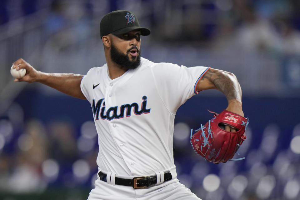 Miami Marlins' Sandy Alcantara delivers a pitch during the first inning of a baseball game against the Oakland Athletics, Sunday, June 4, 2023, in Miami. (AP Photo/Wilfredo Lee)