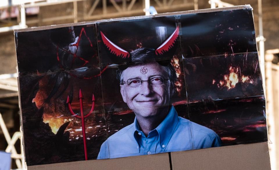 Coronavirus conspiracy theorists have turned billionaire philanthropist Bill Gates into a supervillain amid the pandemic. (Photo: Marcos del Mazo via Getty Images)