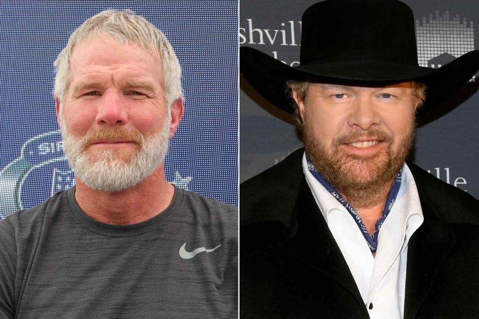 <p>Cindy Ord/Getty Images; Jason Kempin/Getty Images</p> Brett Favre attends day 3 of SiriusXM At Super Bowl LVI ; Toby Keith attends the 34th Annual Nashville Symphony Ball