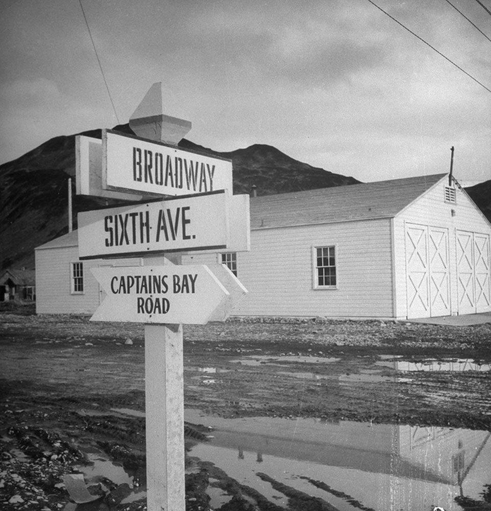 Street sign in the town of Unalaska during World War II, Aleutian Islands Campaign, Alaska, 1943.