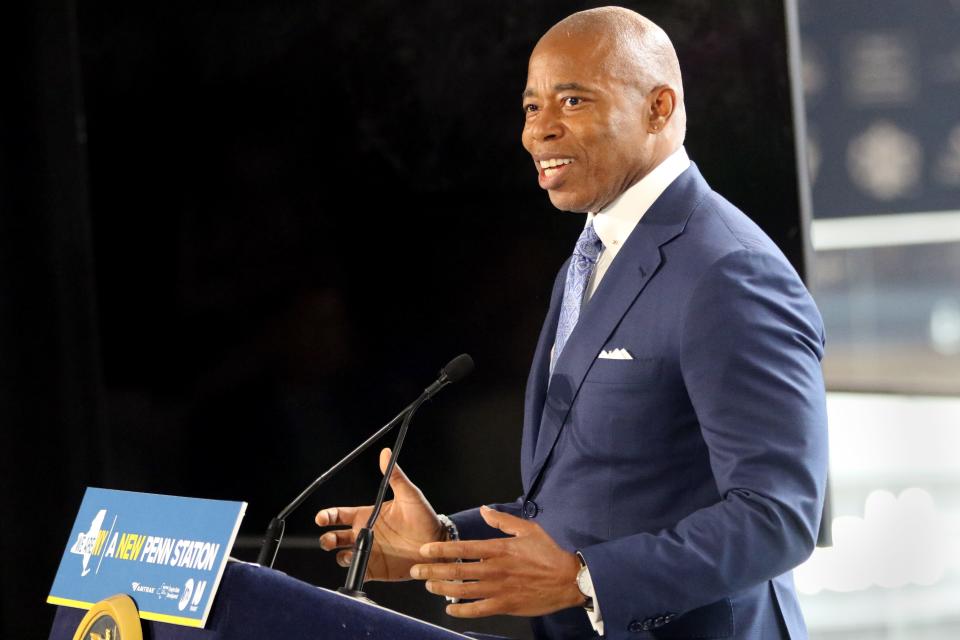 New York City Mayor Eric Adams is shown during a press conference at Moynihan Train Station on Thursday, June 9, 2022