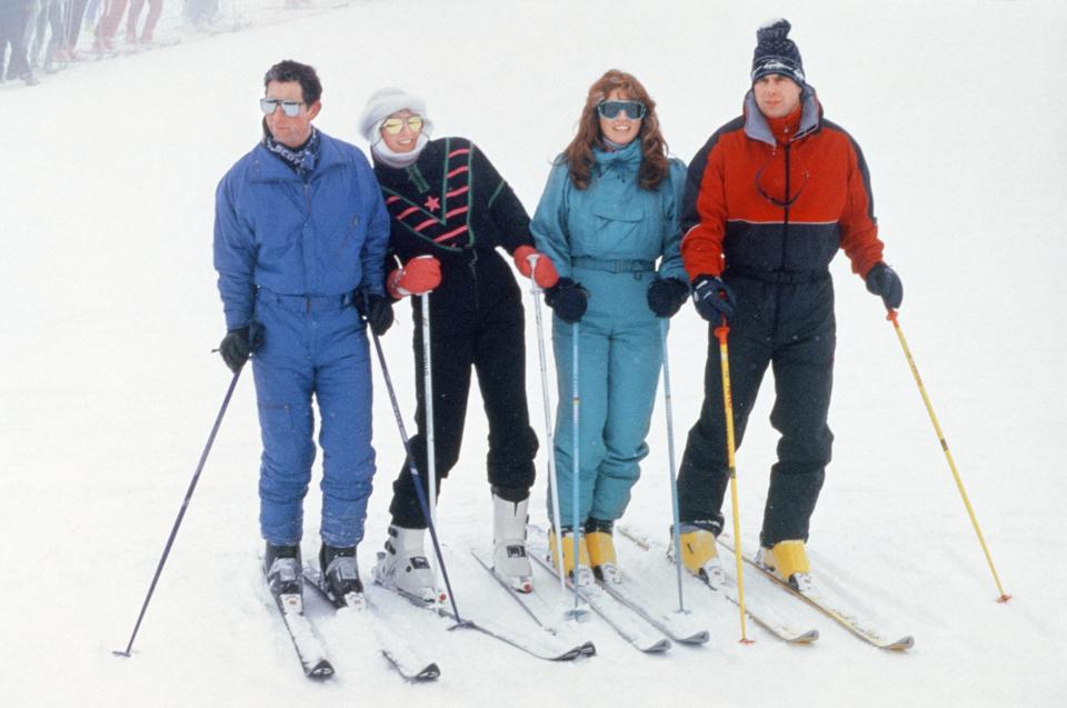 Prince Charles, Princess Diana, Sarah Ferguson and Prince Andrew pictured together skiing.