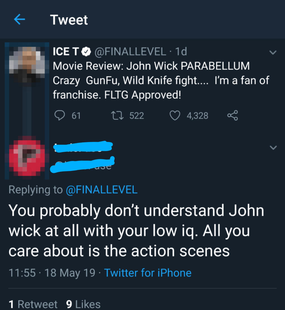 Tweet by user 'ICET' praising the John Wick movie franchise. Another user replies with a critical comment