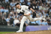 Chicago White Sox reliever Steven Wilson follows through on a pitch during the eighth inning of a baseball game against the Tampa Bay Rays, Saturday, April 27, 2024, in Chicago. (AP Photo/Charles Rex Arbogast)