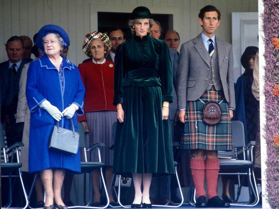 The Queen Mother, Princess Diana, and Prince Charles at the 1983 Mey Highland Games.