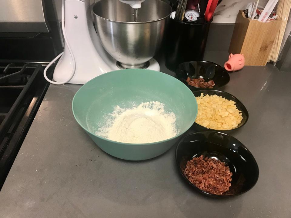 Chopped bacon, crushed potato chips, and dry ingredients used in Martha Stewart's Bacon Potato-Chip Chocolate Cookie recipe.