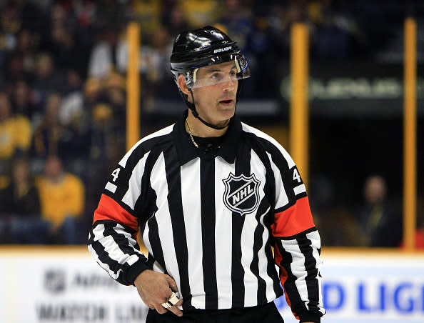 October 22, 2016: Referee Wes McCauley (4) is shown during the NHL game between the Nashville Predators and the Pittsburgh Penguins, held at Bridgestone Arena in Nashville, Tennessee. (Photo by Danny Murphy/Icon Sportswire via Getty Images)