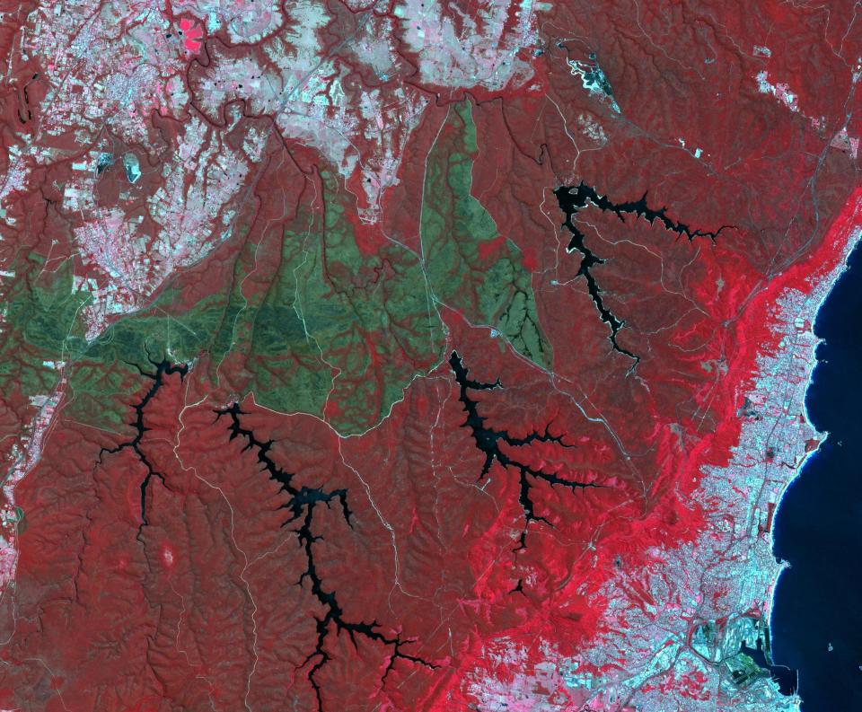 October 2013 brought the worst fires seen in the Australian state of New South Wales in many decades. More than 100 wildfires burned. One of the largest was the Hall Road fire, southwest of Sydney, west of the town of Wollongong. The fire scar is seen in this satellite image acquired Nov. 14, 2013, by the ASTER instrument on NASA's Terra spacecraft. Vegetation is displayed in shades of red, burned areas are dark gray, water is black and blue, and urban areas are blue-gray.