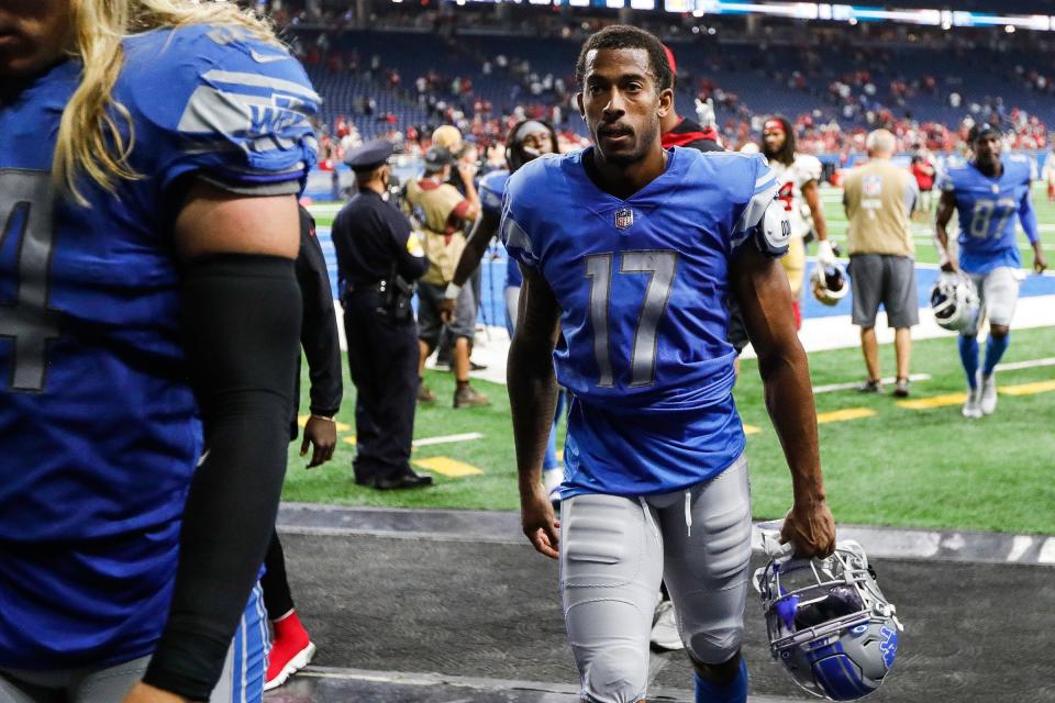 Detroit Lions wide receiver Trinity Benson (17) walks into the tunnel after the Lions lost 41-33 to San Francisco 49ers at Ford Field in Detroit on Sunday, Sept. 12, 2021.