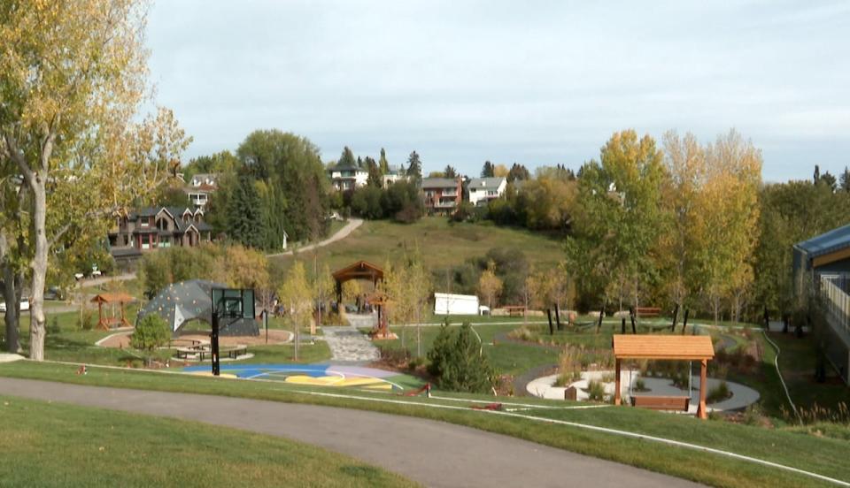 The park includes a bouldering wall, hammocks and a meditative walking labyrinth. (Terri Trembath/CBC - image credit)