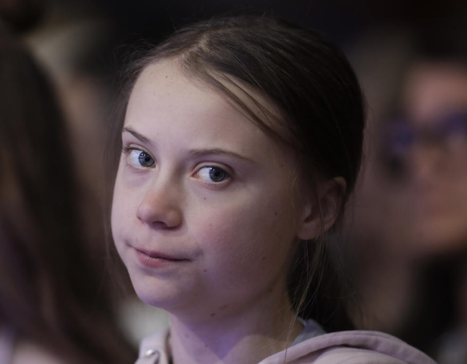 Swedish environmental activist Greta Thunberg attends the World Economic Forum in Davos, Switzerland, Tuesday, Jan. 21, 2020. The 50th annual meeting of the forum will take place in Davos from Jan. 21 until Jan. 24, 2020. (AP Photo/Michael Probst)