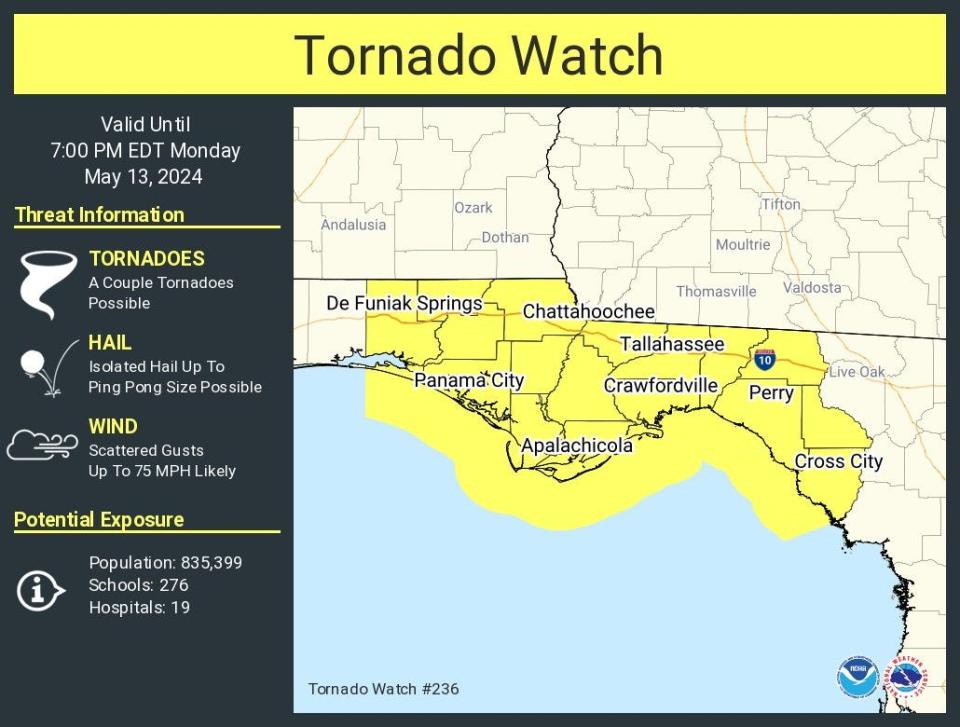 A tornado watch has been issued for parts of Florida until 7 p.m., EDT May 13, 2024.