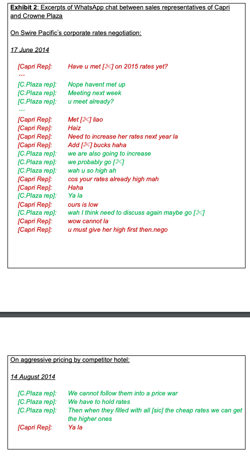 (Excerpts of WhatsApp chat between sales representatives of Capri and Crowne Plaza. SCREENCAP: CCCS)