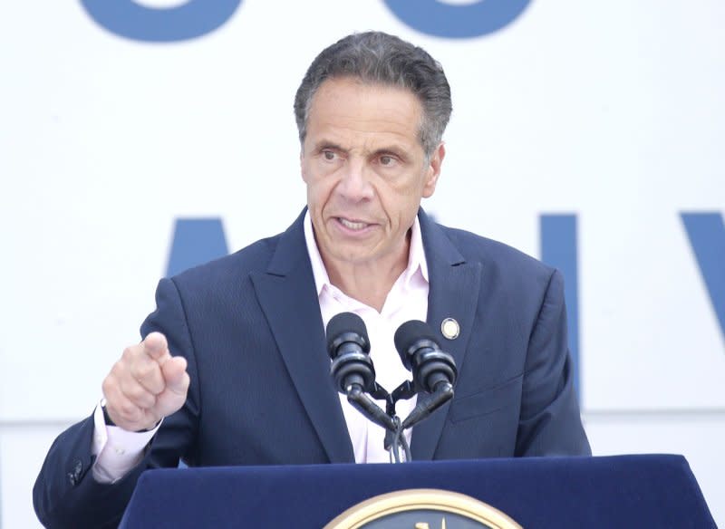 Governor Andrew Cuomo speaks at the ribbon cutting ceremony for the grand opening of the new Pier 76 open space in New York City on June 9, 2021. Photo by John Angelillo/UPI