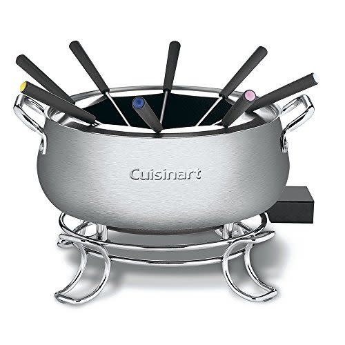 <p><strong>Cuisinart</strong></p><p>Amazon</p><p><strong>$80.00</strong></p><p><a href="https://www.amazon.com/dp/B00018RR48?tag=syn-yahoo-20&ascsubtag=%5Bartid%7C1782.g.40258078%5Bsrc%7Cyahoo-us" rel="nofollow noopener" target="_blank" data-ylk="slk:Shop Now;elm:context_link;itc:0;sec:content-canvas" class="link ">Shop Now</a></p><p>Haters may say there is such a thing as too much of a good thing. If you’d like to personally test that theory on your own (or, you know, if you want a good fondue pot for entertaining), the <a href="https://www.amazon.com/dp/B00018RR48?tag=syn-yahoo-20&ascsubtag=%5Bartid%7C1782.g.40258078%5Bsrc%7Cyahoo-us" rel="nofollow noopener" target="_blank" data-ylk="slk:Cuisinart CFO-3SS Electric Fondue Maker;elm:context_link;itc:0;sec:content-canvas" class="link "><strong>Cuisinart CFO-3SS Electric Fondue Maker</strong></a> is large and in charge. Perfect for everything from chocolate and cheese to broth and hot oil, the 3-quart, brushed stainless steel pot is dishwasher-safe and features a BPA-free nonstick lining for ultimate cleanability. Plus, it has a wide enough opening to let everyone dip without any fighting—until you’re down to your last dippables, that is.</p><p>“I like electric fondue makers because you can regulate them and use them for different things,” Papantoniou noted. “This <a href="https://www.amazon.com/dp/B00018RR48?tag=syn-yahoo-20&ascsubtag=%5Bartid%7C1782.g.40258078%5Bsrc%7Cyahoo-us" rel="nofollow noopener" target="_blank" data-ylk="slk:Cuisinart Maker;elm:context_link;itc:0;sec:content-canvas" class="link "><strong>Cuisinart Maker</strong></a> has a wide opening, so even two people can use it at the same time. You can wash it easily, it has a removable cord for easy storage, the stand is helpful for propping it up and stabilizing it.”</p><p>Though some may find the 20-inch cord to be limiting, we appreciated the adjustable temperature probe, which offers eight settings to prepare a wide range of recipes. This model comes equipped with eight fondue forks and an accompanying stainless steel fork rack for easy storage. And if that’s not enough to sway you, the <a href="https://www.amazon.com/dp/B00018RR48?tag=syn-yahoo-20&ascsubtag=%5Bartid%7C1782.g.40258078%5Bsrc%7Cyahoo-us" rel="nofollow noopener" target="_blank" data-ylk="slk:Cuisinart Fondue Maker’s;elm:context_link;itc:0;sec:content-canvas" class="link "><strong>Cuisinart Fondue Maker’s</strong></a> limited 3-year warranty certainly will.</p>