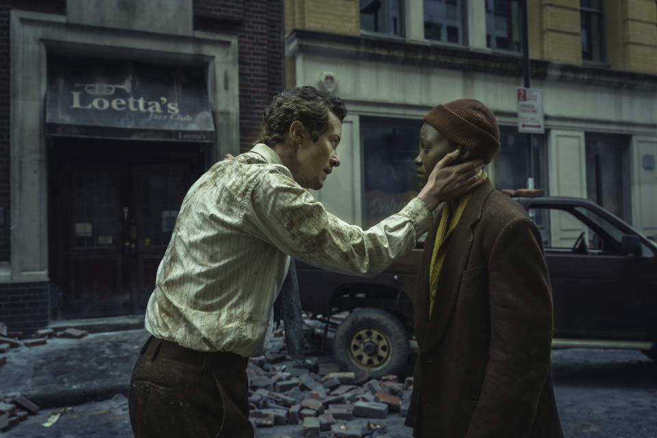 This image released by Paramount Pictures shows Joseph Quinn, left, and Lupita Nyong'o in a scene from "A Quiet Place: Day One." (Gareth Gatrell/Paramount Pictures via AP)