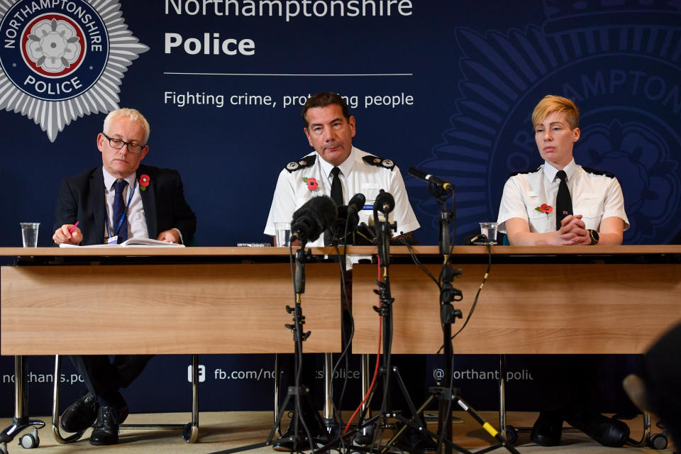 Chief Constable of Northamptonshire Police, Nick Adderley (centre) and Superintendent Sarah Johnson speaking during a press conference at Northamptonshire Police HQ at Wootton Hall Park, Northampton about the death of Harry Dunn.