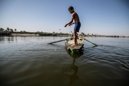 A young Egyptian fisherman pulls his net in the River Nile, south of the Egyptian capital, with Egypt suffering for years from an acute water crisis