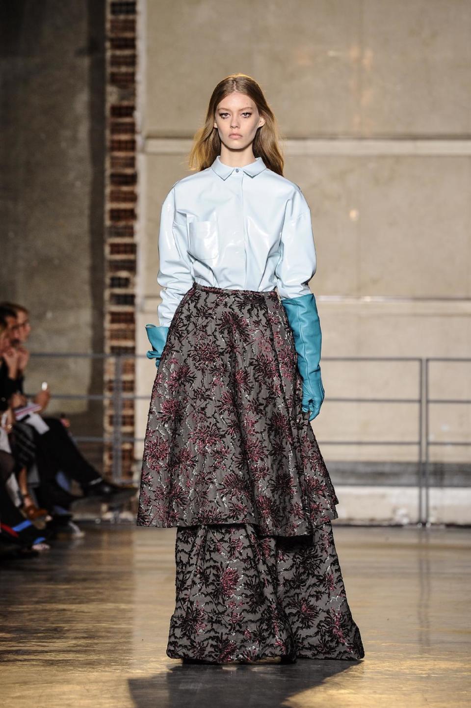 A model wears a creation for the Rochas ready-to-wear fall/winter 2014-2015 fashion collection presented in Paris, Wednesday, Feb. 26, 2014. (AP Photo/Zacharie Scheurer)