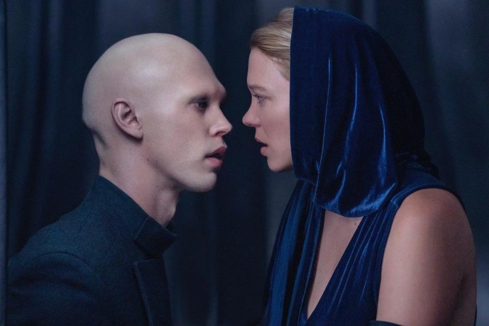 Austin Butler as Feyd-Rautha Harkonnen, left, with Lea Seydoux as Lady Margot Fenring in “Dune: Part Two."