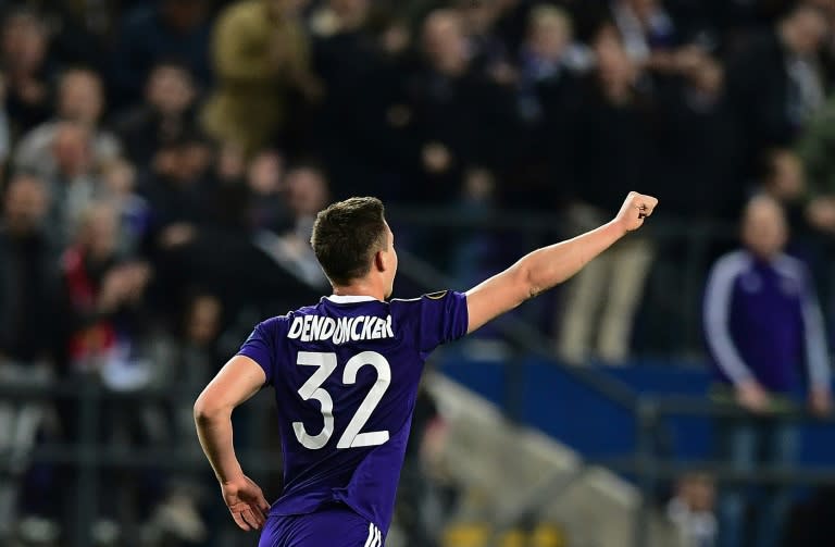 RSC Anderlecht's Leander Dendoncker celebrates after scoring during their Europa League first leg quarter-final match against Manchester United at the Constant Vanden Stock stadium in Brussels on April 13, 2017