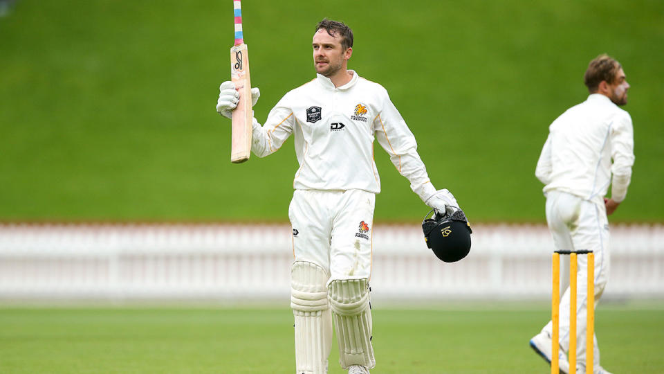 Seen here, Tom Blundell salutes after making a century in the Plunkett Shield.