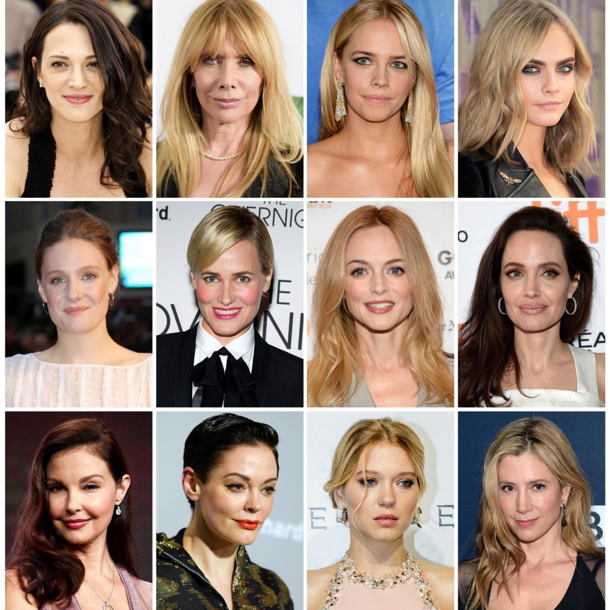 Top row from left: Asia Argento, Rosanna Arquette, Jessica Barth, Cara Delevingne, Romola Garai, Judith Godreche, Heather Graham, Angelina Jolie, Ashley Judd, Rose McGowan, Lea Seydoux and Mira Sorvino, who have all made allegations against producer Harvey Weinstein - AP