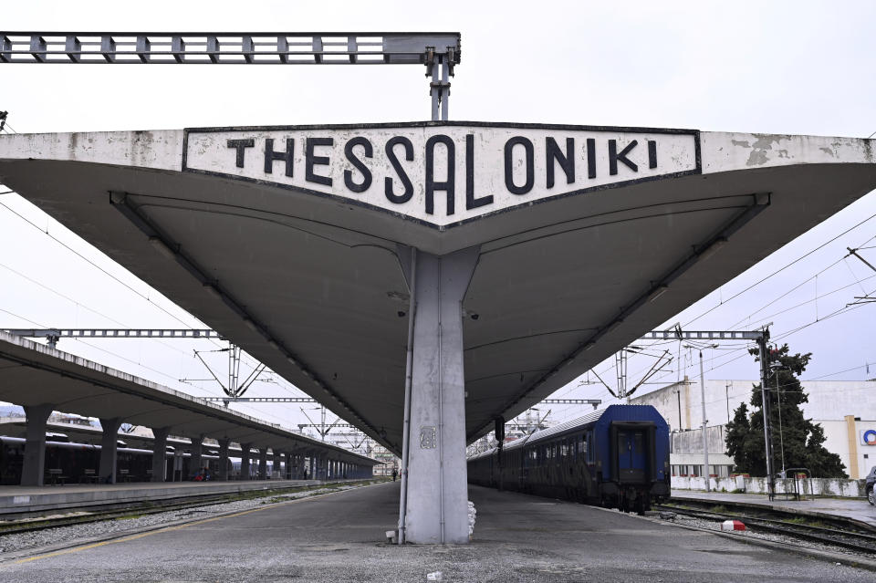 Trains remain parked at the station during a strike in the port city of Thessaloniki, northern Greece, Thursday, March 2, 2023. Railway workers' associations called strikes that halted national rail services and the subway in Athens on Thursday, to protest working conditions and what they describe as a lack of modernization of the Greek rail system. (AP Photo/Giannis Papanikos)