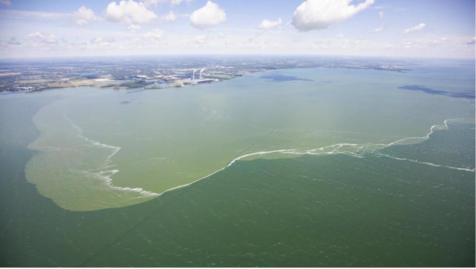 An airborne campaign assisted in improvements to the NOAA harmful algae bloom forecast. The smokestacks are those of DTE Energy’s Monroe Power Plant in Monroe, Mich., on Lake Erie’s western shore. 