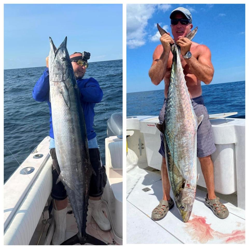 Randy Halat, of Wayne, left, holds an estimated 100-pound wahoo landed on the private boat Christy-J. On the right,  Dominic Vricella of Medford, holds a potential New Jersey record king mackerel caught on his 36-foot Luhrs. The fish weighed 67.45 pounds.