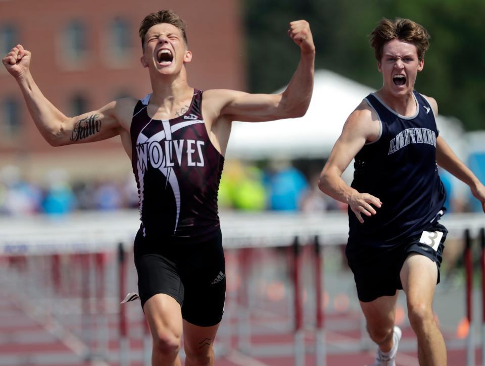 Winneconne High School’s Ayden Hart reacts after winning the Division 2 100 meter hurdles final during the WIAA State Track and Field Championships on Saturday, June 3, 2023 at Veterans Memorial Field Complex at in La Crosse, Wis.