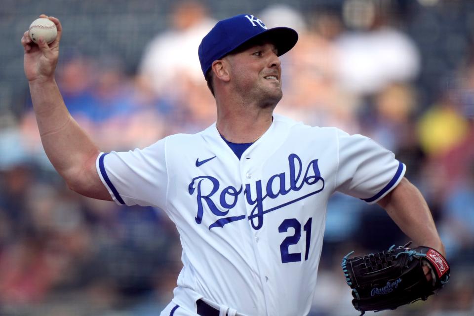 Kansas City Royals pitcher Mike Mayers throws during the first inning of a game against the Detroit Tigers at Kauffman Stadium in Kansas City, Missouri, on Tuesday, May 23, 2023.