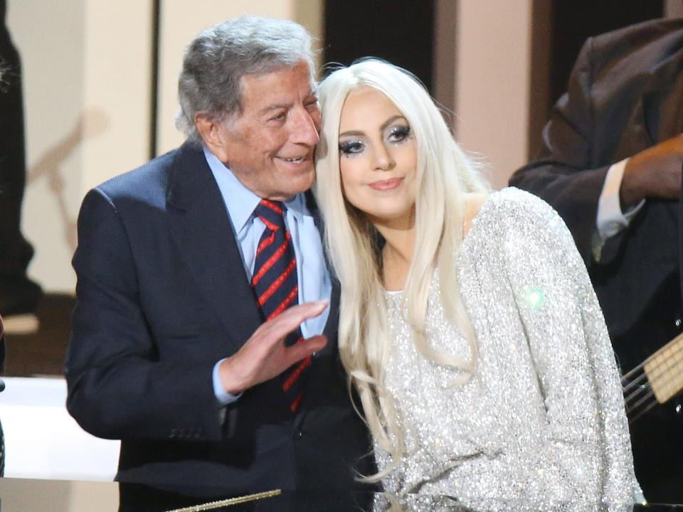 Tony Bennett and Lady Gaga onstage during the Stevie Wonder: Songs In The Key Of Life - An All-Star GRAMMY Salute held at Nokia Theatre L.A. Live on February 10, 2015