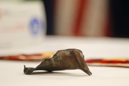 A piece of shrapnel taken from the body of Boston Marathon bombing victim Krystle Campbell and presented as evidence in the trial of Dzhokhar Tsarnaev is displayed in Boston, Massachusetts March 26, 2015. REUTERS/Brian Snyder