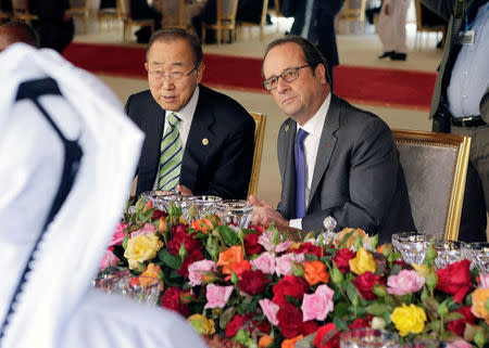 United Nations Secretary-General Ban Ki-moon (L) speaks with French President Francois Hollande during a lunch at the Royal Palace during the UN Climate Change Conference 2016 (COP22) in Marrakech, Morocco November 15, 2016. REUTERS/Youssef Boudlal