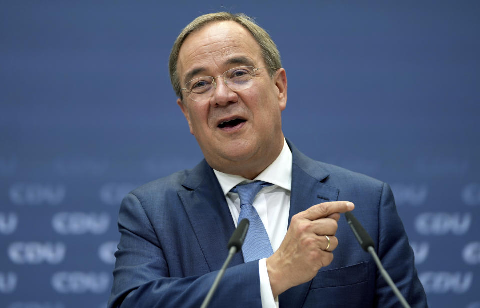 Armin Laschet, chairman of the German Christian Democratic Union (CDU) and the party's top cadidate for the federal election, addresses the media during a press conference at the party's headquarters in Berlin, Germany, Monday, Sept. 13, 2021. (AP Photo/Michael Sohn)