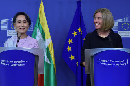 European Union foreign policy chief Federica Mogherini gives a news conference with Myanmar State Counsellor Aung San Suu Kyi in Brussels, Belgium May 2, 2017. REUTERS/Eric Vidal