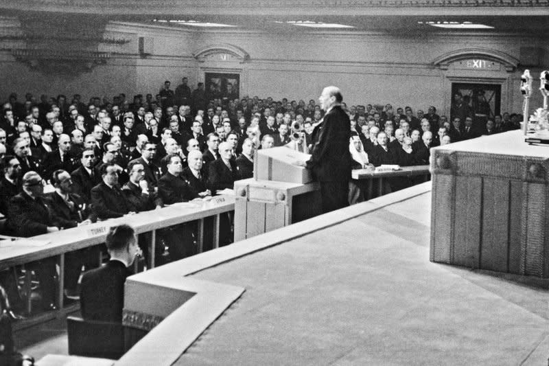 British Prime Minister Clement Attlee addresses the first session of the United Nations General Assembly on January 10, 1946, at Central Hall in London. File Photo courtesy United Nations