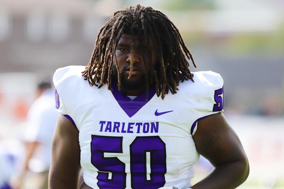 Tarleton State football defensive lineman Makody Roberton (50) looks on during a game. He signed with Florida A&M football's 2023 recruiting class.