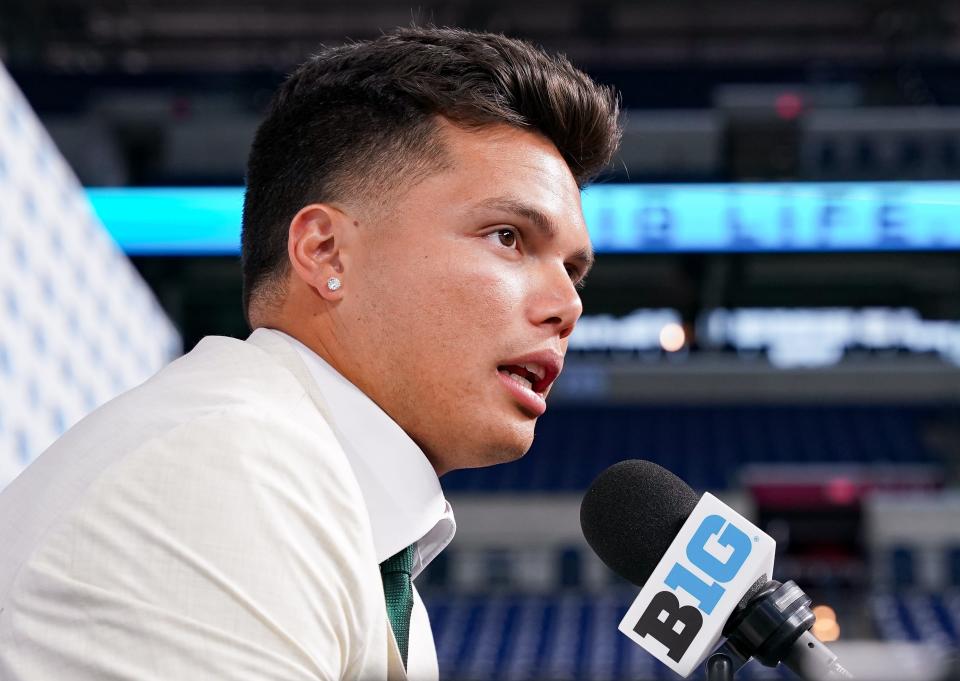 Oregon Ducks quarterback Dillon Gabriel speaks to the media during the Big Ten football media day at Lucas Oil Stadium.